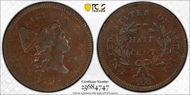 1795 1/2C Plain Edge, No Pole AU53BN