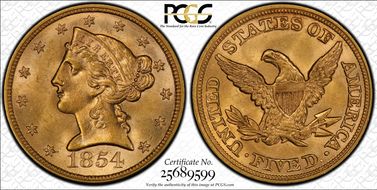 1854 $5 MS64+