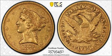 1875 $5 AU55