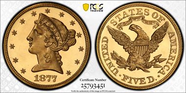 1877 $5 PR65CAM