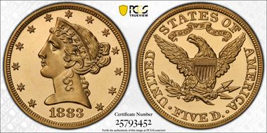 1883 $5 PR65DCAM