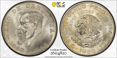 1959-Mo 5 Peso Carranza KM-471  Ag MS65