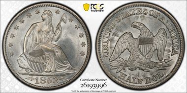 1853 50C Arrows & Rays MS66+