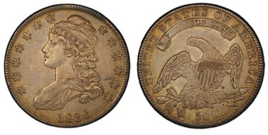 1836 50C Overton 112, Bar Dot AU50