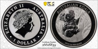 2013-P $1 Koala Ag First Strike MS70