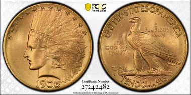 1908-D $10 Motto MS66