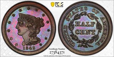 1842  1/2C 1st Restrike, Rev. of 1856 PR66+ BN