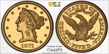 1871 $5 PR65CAM