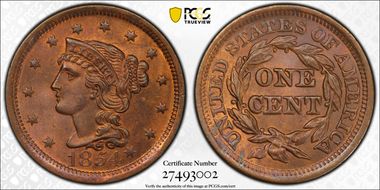 1854 1C Newcomb 19 MS65RB