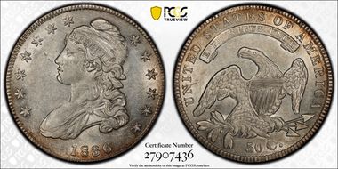 1836 50C O-120 Bar Dot, Lettered Edge AU50