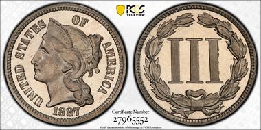 1887/6 3CN Strong Overdate PR67+ CAM