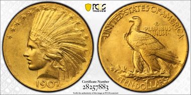 1907 $10 Indian, Wire Rim MS65+ 