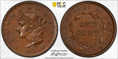 1839 1C N-7 Booby Head AU58+ BN