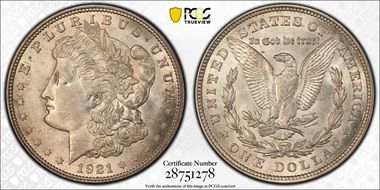 1921 $1 Morgan, Pitted Reverse MS62