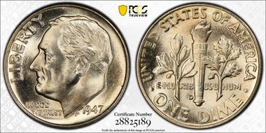 1947-D 10C MS67FB