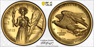 2015-W $100 High Relief First Strike .9999 Fine Gold Liberty label MS70