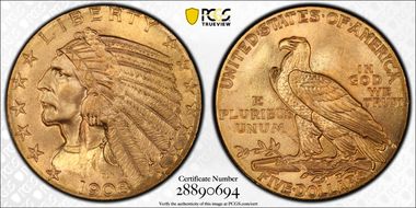 1908 $5 Indian MS67+