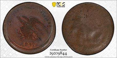 1849 DT$20 Cincinnati Mining & Trd Reverse Die Trial MS64BN