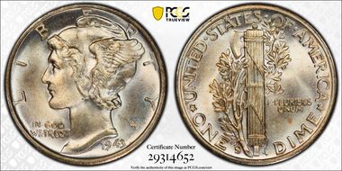 1943-S 10C Trumpet Tail MM FS-511 MS65