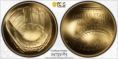 2014-W $5 Baseball Hall of Fame First Strike MS70