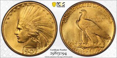 1907 $10 Indian, Rolled Edge MS65+
