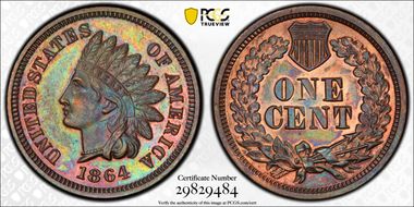 1864 1C L On Ribbon PR65BN