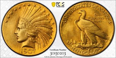 1907 $10 Indian, Wire Rim MS65+
