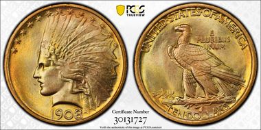 1908 $10 No Motto MS66+