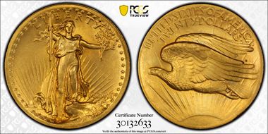 1907 $20 High Relief, Wire Edge MS65