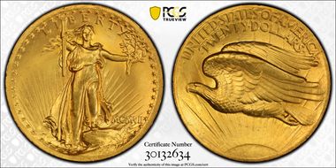 1907 $20 High Relief, Wire Edge MS65+