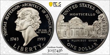 1993-S $1 Jefferson PR70DCAM