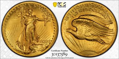 1907 $20 High Relief, Wire Edge MS64