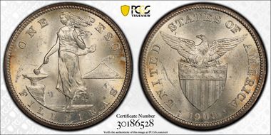 1909-S Peso KM-172  Ag MS62