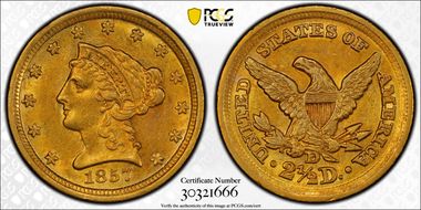 1857-D $2.50 AU58