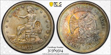1877-S T$1 FS-802, C-17 DDR, Chopmarked AU58