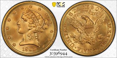 1908 $5 Liberty MS68