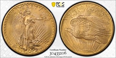 1908 $20 No Motto MS68