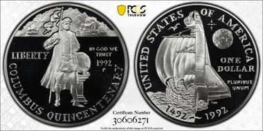 1992-P $1 Columbus PR70DCAM