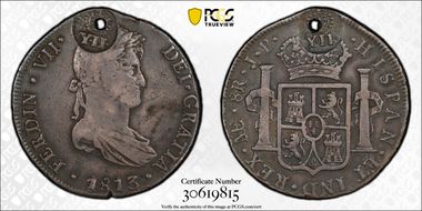 (1834-37) 8 R KM-B139 Dbl Y.II. C/M on Holed Peru 8R N1