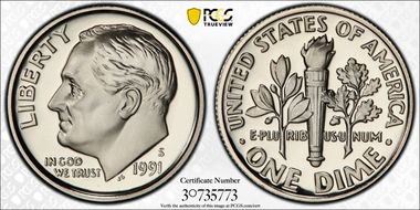 1991-S 10C PR70DCAM
