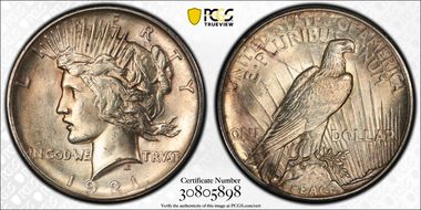 1921 $1 High Relief, Peace MS63