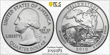 2010-P 25C Yellowstone NP Light Satin - 5 oz Silver First Strike SP70