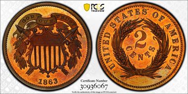 1863 2C J-312 PR67+ RD