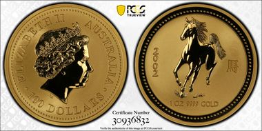 2002 $100 Year of the Horse Au MS70