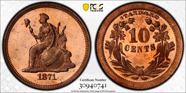 1871 10C J-1075 PR65+ DCAM