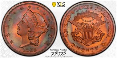 1865 $20 J-454 PR66RB