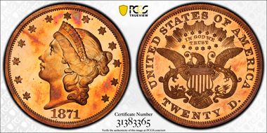 1871 $20 J-1176 PR66+ CAM