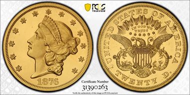 1876 $20 J-1493 Gilt PR64+ CAM