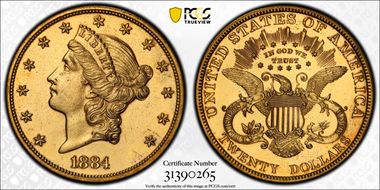 1884 $20 J-1738 Gilt PR63