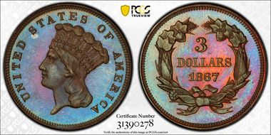 1867 $3 J-596 PR67BN